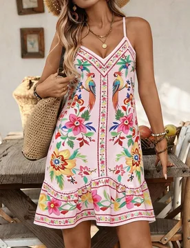 Vestido de playa para mujer con tirantes ajustables, estampado floral rosa boho, patchwork y bajo asimétrico con volantes, conjunto casual de verano - Shein - FashionsVida