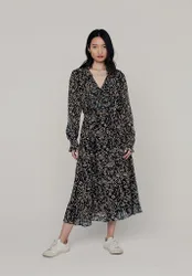 Margot Ruffle Neck Hidden Zebra Print Midi Dress In Black - 6