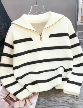 Pieza Suéter de punto cálido de manga larga con rayas y apertura frontal parcial para niñas adolescentes, primavera, otoño e invierno 12Y - Shein - FashionsVida