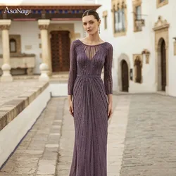 Customized purple round-neck bridal gown with pillar-shaped skirt pleats and fringed beading for a wedding party dress