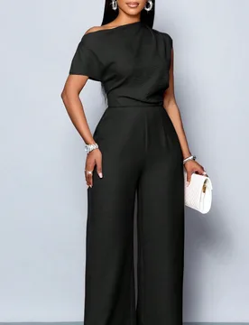 Mono informal de mujer con hombros descubiertos, cuello asimétrico, pliegues en los hombros, manga corta y piernas anchas, apto para uso diario, sali - Shein - FashionsVida