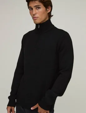 Herren Normal Geschnittener Strickpullover Mit Viertelreißverschluss Black Größe XS - boohooMAN - FashionsVida