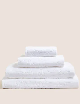 Pure Cotton Linear Floral Towel White - M&S - FashionsVida