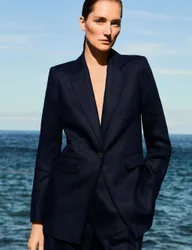 Pure Linen Longline Single Breasted Blazer Navy female