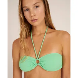 Top de bikini bandeau en tejido piqué con un aro en el centro y tiras