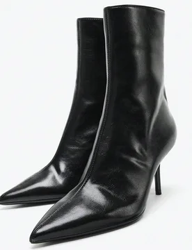 Botas de tobillo de mujer de cuero negro brillante con punta puntiaguda y tacón de aguja, botas de tobillo con cremallera lateral, estilo maduro de o - Shein - FashionsVida