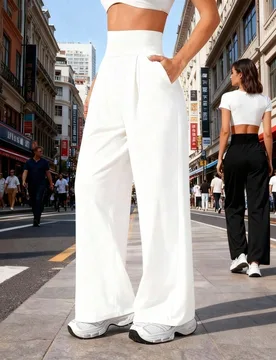 Pantalones de cintura alta y pierna ancha con bolsillos para mujer, pantalones de yoga deportivos de color negro puro, pantalones de jogging casuales - Shein - FashionsVida