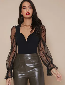 Top de manga de malla de lunares transparente de puño con fruncido XS - Shein - FashionsVida