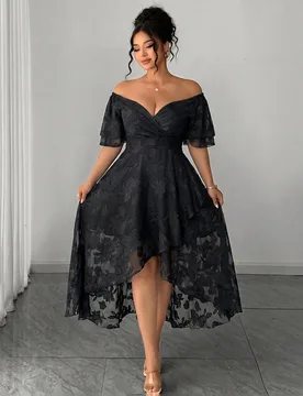 Vestido Maxi Elegante para Mujer Talla Grande Primavera/Verano con Cuello Superpuesto, Manga Corta con Volantes Multicapa, Tela Jacquard Texturizada A - Shein - FashionsVida