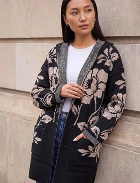 Women's Floral Hooded Knit Cardigan Sweater in Black Size: 18 - Black - Size: 18 - Roman - FashionsVida