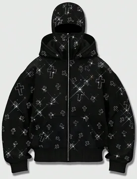 Sudadera con capucha con adornos de strass con bolsillos, sudadera con capucha con cremallera delantera para hombre, para invierno M - Shein - FashionsVida