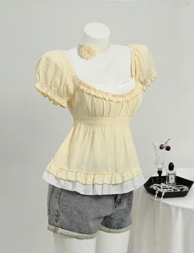 Blusa de algodón blanca y amarilla estilo cottagecore de verano, linda, para brunch, vacaciones y picnic, dulce, con recortes, lunares, patchwork de - Shein - FashionsVida