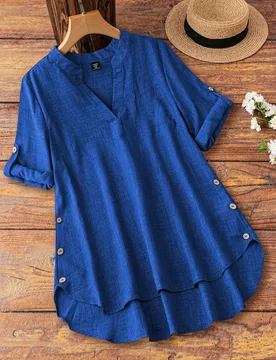 Camisa de talla grande de unicolor con escote en V y mangas remangadas para vacaciones y tiempo libre 1XL - Shein - FashionsVida