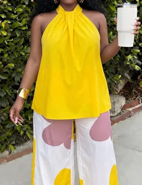 Conjunto elegante y casual de verano para mujer de 2 piezas, top corto con estampado floral amarillo mantequilla y rosa + pantalones de pierna ancha c - Shein - FashionsVida