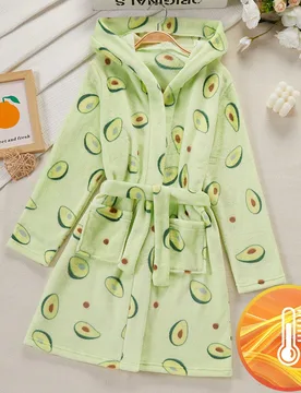 Pijamas para niñas preadolescentes, nueva bata con capucha de manga larga con estampado de aguacate verde para otoño/invierno, y ropa de estar en ca - Shein - FashionsVida