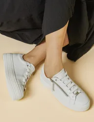 Leather Lace Up Flatform Trainers White female