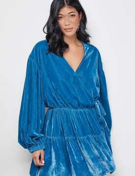 Women's Velvet Wrap Mini Smock Dress in Teal Size: 12 - Teal - Size: 12 - Warehouse - FashionsVida