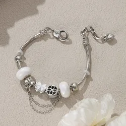 Silver Tone Charm Bracelet with White Shell Beads and Butterfly Pendant for Women