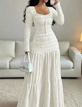 Conjunto de 2 piezas de mujer con blusa de manga larga de cuello cuadrado con botones y diseño panelado, y falda acampanada, en tela texturizada rosa - Shein - FashionsVida
