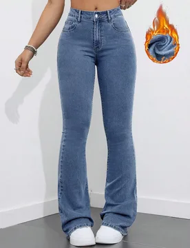 Jeans de campana de mujer azules, informales, con forro polar, cálidos y versátiles XL - Shein - FashionsVida