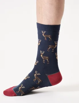Woodland Stag Organic Cotton Crew Socks - Navy Blue - UK7-11 - Thought - FashionsVida
