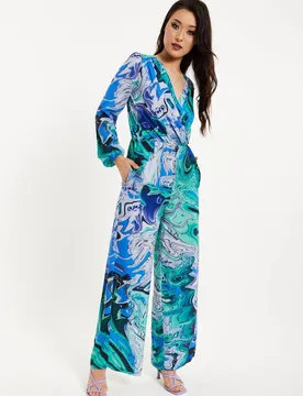 Women's Turquoise Marble Print Jumpsuit Size: 10 - Multicolor - Size: 10 - Liquorish - FashionsVida