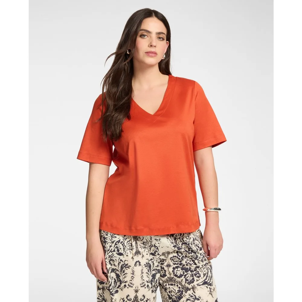 Camiseta de mujer de algodón con cuello en v ajuste regular con mangas cortas - Elena Miró - FashionsVida