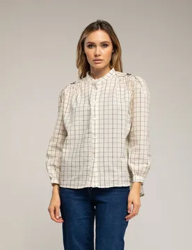 Camisa de mujer de algodón de cuadros con cuello mao y bordados - Tantra - FashionsVida