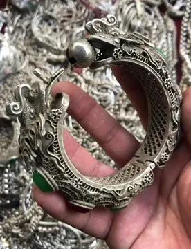 Ancient Green Jade Inlaid Tibetan Silver Cuff Bracelet Fashion Personality Jewelry Double Dragon Skeleton Bangles Women - Aliexpress - FashionsVida