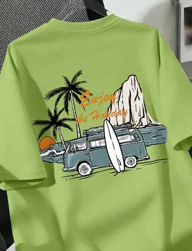 Camiseta de cuello redondo con estampado de playa para adolescentes varones, camiseta casual suave para primavera/verano, adecuada para la escuela, va - Shein - FashionsVida