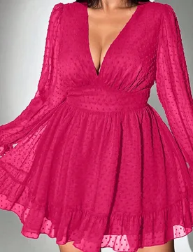 Vestido de manga larga con cuello en V profundo, cintura ceñida y volantes para tallas grandes 1XL - Shein - FashionsVida