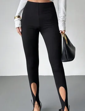 Leggings minimalistas y elegantes para uso diario y casual, de punto negro de cintura alta, delgados, con diseño calado y trabilla, nuevos leggings p - Shein - FashionsVida