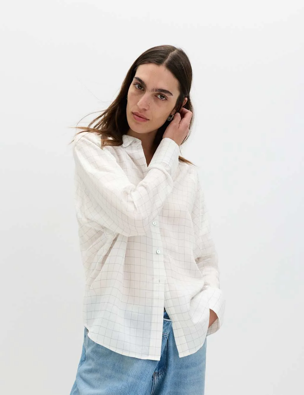 Lyocell Rich Checked Collared Oversized Shirt White Mix female - M&S - FashionsVida