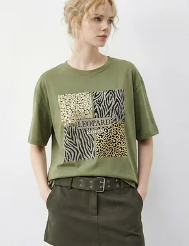 Womens Leopard Print Sequin Crew Neck T-Shirt - Lime Green - Bianco Lucci - FashionsVida