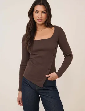 Cotton Rich Square Neck Asymmetric Top Brown female - Nobody's Child - FashionsVida