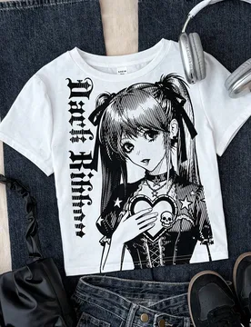 Camiseta de manga corta con cuello redondo elástica y ajustada para adolescentes, cómoda y con estampado gráfico - Shein - FashionsVida