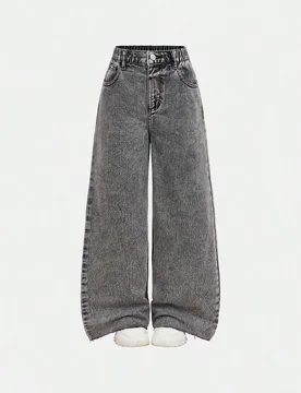 Jeans casuales y versátiles holgados de pierna ancha con bolsillos y rotos para niñas preadolescentes 10Y - Shein - FashionsVida