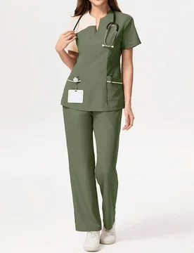 Conjunto de uniformes de colores en bloque que consta de top de manga corta y pantalones, para personal de salud, ropa de entrenamiento para mujeres, - Shein - FashionsVida