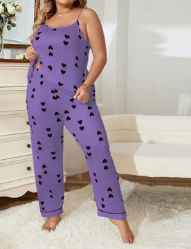 Conjunto De Pijama Para Mujer De Talla Grande Con Estampado De Corazón, Que Incluye Camisola Con Pantalón Largo 5XL - Shein - FashionsVida