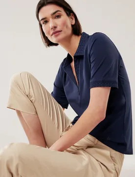 Poloshirt Lochstickerei, normale Größen, Farbe Blau, 48, hautsympathische Baumwolle bequem, da elastisch Damen - Walbusch - FashionsVida