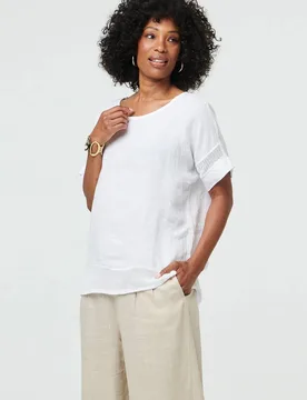 Women's Relaxed Mesh Trim 1/2 Sleeve Top in White Size: 14 - White - Size: 14 - Izabel London - FashionsVida