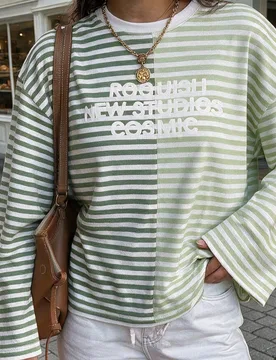 Camiseta de mujer con bloques de color, rayas, cuello redondo, manga larga y estampado de letras, top suelto casual para uso diario y streetwear L - Shein - FashionsVida