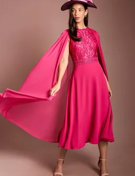 Women's Lisa Tan Cape Sleeve Lace Midi Dress in Raspberry Size: 10 - Raspberry - Size: 10 - Coast - FashionsVida