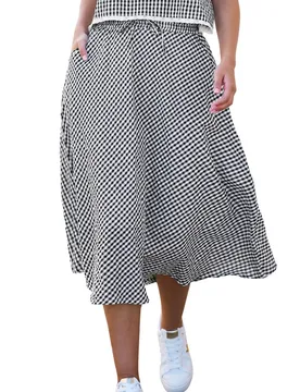 Women's Black Gingham Cotton Midi Skirt Size: 14 - Black - Size: 14 - Yumi - FashionsVida
