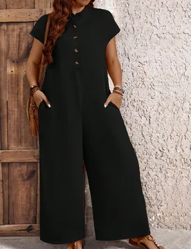 Monos Wide-Leg con bolsillo decorado con botones de manga corta con alas de murciélago y cuello alto para mujeres de talla grande en verano 2XL - Shein - FashionsVida