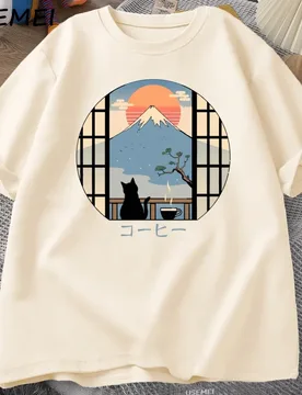 Coffee Cat in Mt Fuji T-shirt Men Women Round Neck Short Sleeve Tshirt Japanese Style Printed T-Shirt Cotton Oversized Tops - Aliexpress - FashionsVida