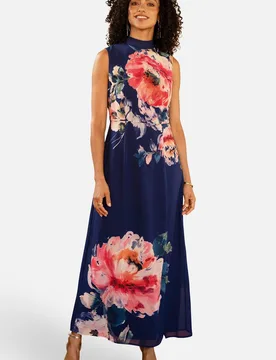 Women's Flower Halter Neck Maxi Dress in Mid Navy Size: 12 - Mid Navy - Size: 12 - Yumi - FashionsVida