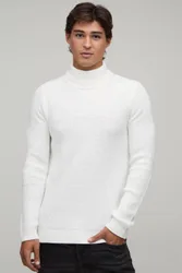 Herren Muskelbetonter Gerippter Rollkragenpullover Ecru Größe Small