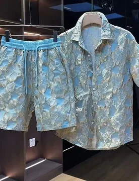 Ethnic Style Embossed Gold-hot Flower Short-sleeved Shirt and Shorts Two-piece Set Men Summer Loose Black Gold Shirt Set - Aliexpress - FashionsVida