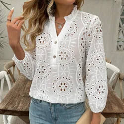 Blusa casual de lino con cuello en V, volantes, botones, bordado y manga larga calada para mujer XS